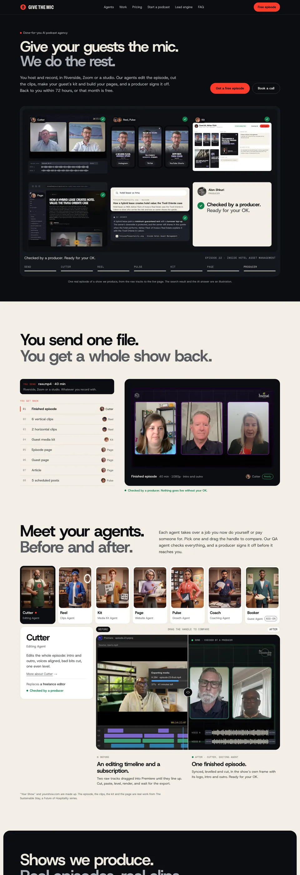 De website van Give the Mic, AI-podcastbureau voor B2B-bedrijven